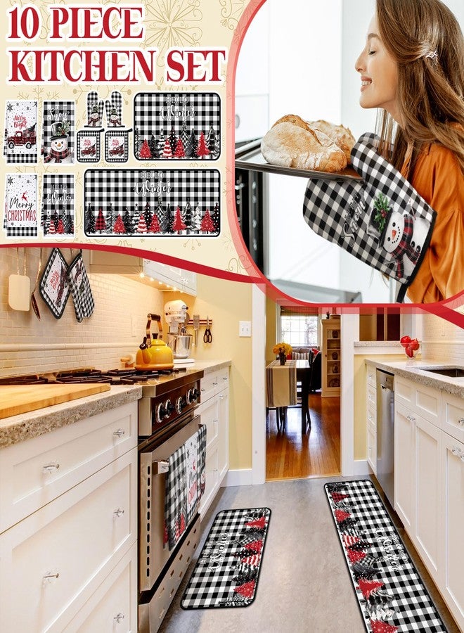 Fourluoo 10 Pcs Christmas Kitchen Decor Sets, 4 White and Black Plaid Kitchen Dish Towels 2 Farmhouse Pot Holders 2 Buffalo Check Oven Mitts Glove Rustic Non Slip Rugs and Mats for Home Decorations Mom Gifts - Image 2